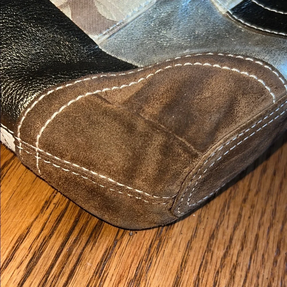 Coach signature Patchwork Crossbody Bag in, Gold, and Brown Leather and suede